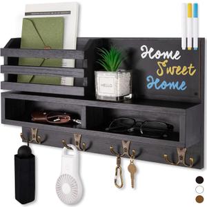 Key Holder for Wall, Wall Mounted Mail Holder Wooden with Shelf & 3 Liquid Chalks & Chalkboard, Mail Sorter Organizer, Rustic Home Decor - Entryway Living Room (15.98W x 9.1H x 3.3D), Black