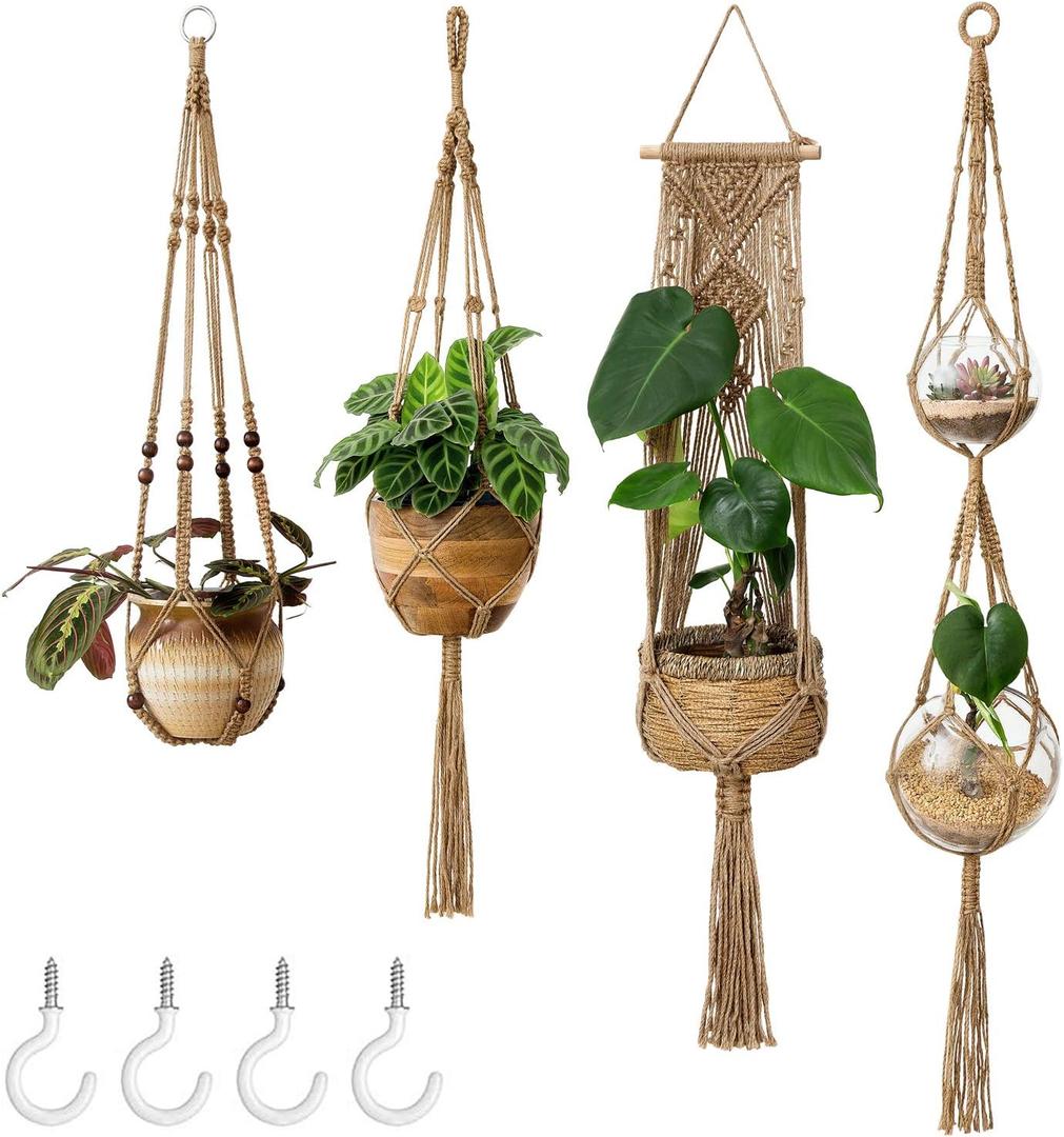 Mkono Macrame Plant Hangers Set of 4 Indoor Hanging Planter Basket Wall Decorative Flower Pot Holder with 4 Hooks for Indoor Outdoor Home Decor Gift Box, Brown