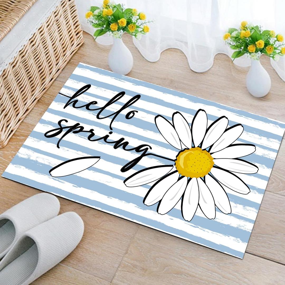 Hello Spring Door Mat Seasonal Decorative Daisy Doormat Non Slip Rubber Backing Outdoor Indoor Entryway Floor Mat Home Decor 17x29 Inch