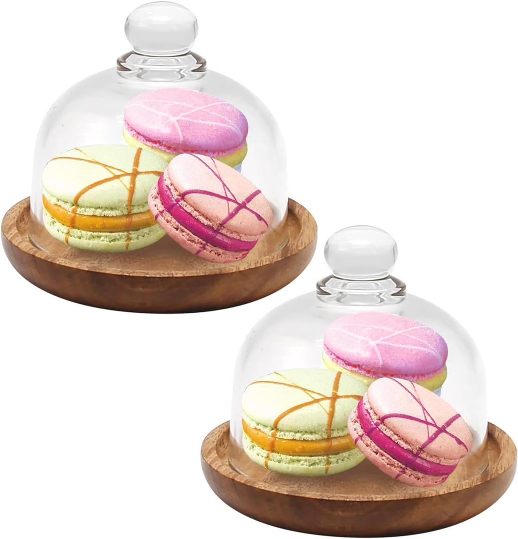 2 Pack Glass Domes with Wooden Base - 3.4 Inch Mini Cake Stand Cover for Dessert, Cheese, Candy, Plants & Succulents