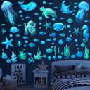 Ocean Fish Wall Decals,Glow in The Dark Under The Sea Wall Decals Sea Life Animals Wall Stickers Removable Waterproof Peel and Stick for Boys Kids Bathroom Watercolor Ocean Creatures Decor(Upgrade) (Sky Blue)