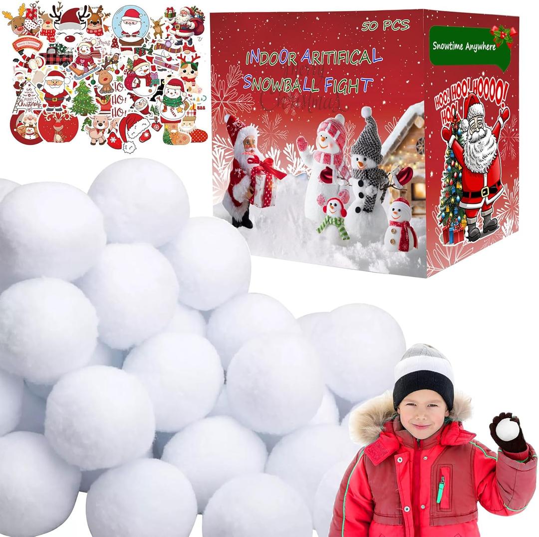 Fake Snowballs 50 Pcs,Snowballs for Kids Indoor,Snow Fight Balls,Soft Artificial Outdoor Snow Balls,Parent Child Throwing Game Christmas Decor Party Supplies,with 50pcs Christmas Stickers