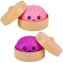Binkahui 2 PCS Fuchsia Purple Mystery Dumpling Squishies with Steamer Box, Soft Stretchy Bao Bun Stress Relief Balls, Sensory Fidget Squeeze Toys for Anxiety Relief, Decompression Desk Toys
