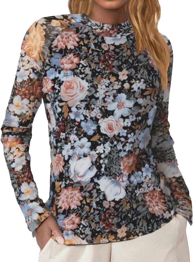 Women’s Floral Lace Long Sleeve Top, Elegant Casual Sheer Mesh Slim Fit Shirt, Sexy Outdoor Layering Blouse, Size Small