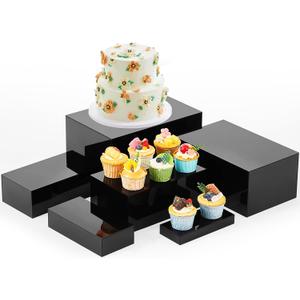 Leinuosen 6 Pcs Acrylic Buffet Risers Stands for Food Display Cubes Box, 7 to 12 Inch Rectangle Catering Table Dessert Decor for Wedding Brunch Setup Party Jewelry Collectibles, Hollow Bottom (Black)