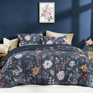 Litanika Floral Navy Blue Quilt Super King Plus Size - 3 Pieces Botanical Birds Pattern Quilt Bedding, Oversized Lightweight Soft Coverlet for All Seasons (128"x120")