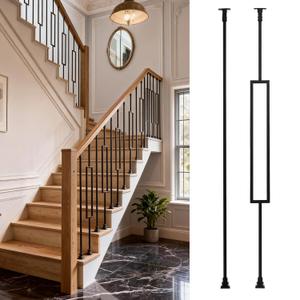 WICHEMI 32 Pack Balusters for Staircase Interior, 44" x1/2" Wrought Iron Stair Balusters Indoor Hollow 16 Single Rectangle 16 Straight with 64 Fixed Swivel Shoes