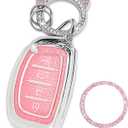 Key Fob Cover with Bling Cute Cat Clip Keychain& Push to Start Button Ring, Car Key Shell Compatible with Hyundai Elantra Ioniq Sonata Tucson Elantra GT Smart Key for Women, Pink-4 Buttons