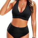 Tempt Me Women Two Piece High Waisted Bikini Set Swimsuits Push Up Halter Tummy Control Bottoms Bathing Suits (Large, Black)