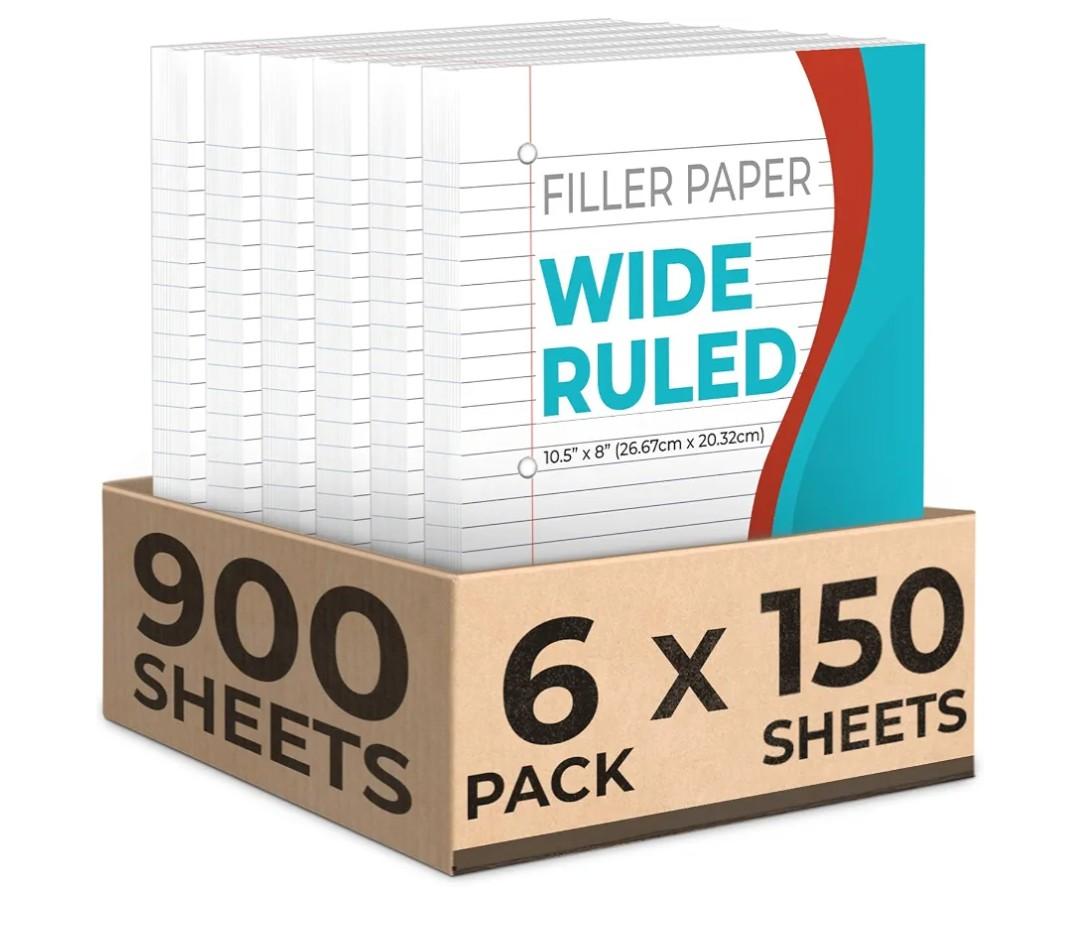 Rosmonde 900 Sheets Loose Leaf Paper, 6 Pack, Wide Ruled Filler PaperBulk Office Filler Paper, 8" x 10.5", 3 Hole Punched, 150 Sheets/Pack, Wide Ruled Notebook Paper for Binder, White