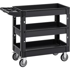 VEVOR Utility Cart, 3-Tier Plastic Service Cart with 550LBS Capacity, 360 Swivel Casters (Including 2 Locking Wheels), Medium Lipped Shelves, Ergonomic Handle, for Garage, Warehouse, Cleaning Tasks