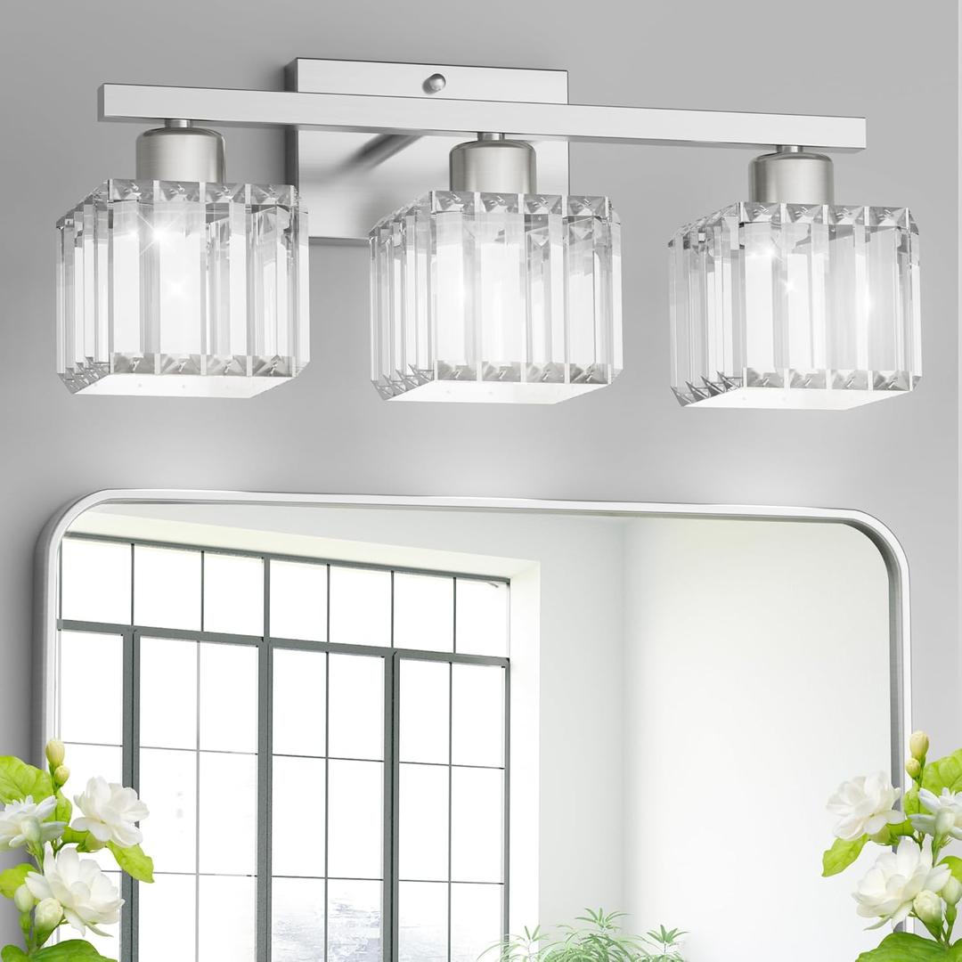 GOLSPARK Bathroom Vanity Lighting Fixtures, 3 Light Brushed Nickel Crystal Light Fixture, Crystal Wall Sconce E26 Base, Square Crystal Glass Shades (Exclude Bulb)