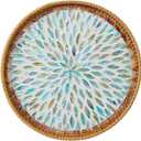 14'' Round Rattan Tray, Home Decor with Mother of Pearl Inlay, Terrekraft | Handcrafted Rattan with Shell Inlay, Wipe-clean, Boho Farmhouse Coastal Decor, Ideal for Coffee Table Ottoman Vanity Bedside