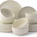 JoyJolt Mesa Stoneware Dinnerware Set, 18-Piece Plates and Bowls Sets, Includes Dinner - Salad and Cereal and Soup Bowls, Modern Farmhouse Matte (Linen) White Dish Set for 6
