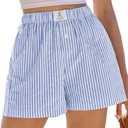 ANRABESS Boxer Shorts for Women Gingham Pajama 2025 Summer Casual Lounge Sleep Plaid Shorts Y2K Beach Bottoms,, Large, Blue White Stripe 