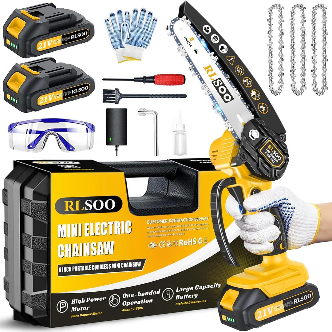 Mini Chainsaw Cordless, RLSOO 6 Inch Electric Chain Saw, Portable Small Handheld Chain Trimmer for Wood Cutting, Tree Trimming, Courtyard, Household, and Garden (Includes 2 Batteries and 3 Chains) (Yellow-1)