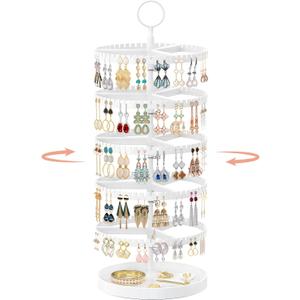iDavosic.ly 5 Tier Rotating Earring Holder Organizer with Metal Tray, Adjustable Plastic Dangle Display Stands Tree with 285 Grooves, Large Hoop Storage Rack Tower, White