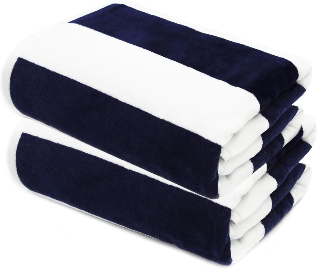 COTTON CRAFT Oversized Beach Towels - Set of 2 - XXL 35x84 The Big Kahuna 7 Foot Extra Large Beach Blanket Towel - Big & Tall - Huge 100% Cotton Velour Soft Luxury Pool Bath Towel - Cabana Stripe Navy (2 Pack)