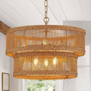 20" Large Rattan Chandelier 2-Tier Vintage Farmhouse Boho Hand-Woven Bamboo Chandelier 6-Light Gold Drum Round Rattan Pendant Light for Dining Room, Kitchen Island, Bedroom, Living Room