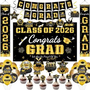 75pcs Graduation Decorations Class of 2026 - Party Supplies Set with Banner, Cupcake Topper, Backdrop & Balloons in Blue Gold Theme