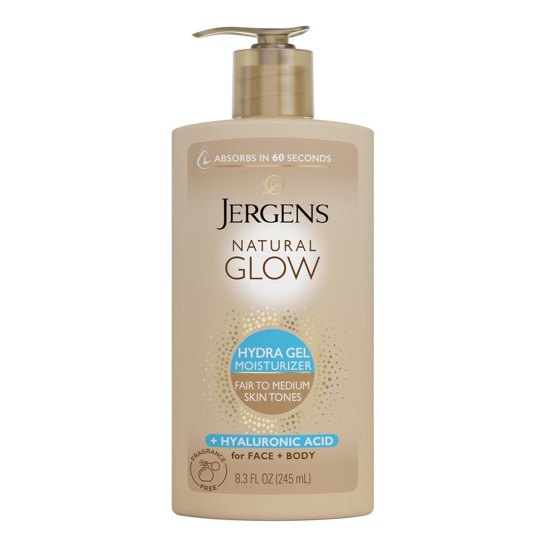 Jergens Natural Glow Hydra Gel Moisturizer, Hyaluronic Acid Tanning Lotion, Hydrating Tanning Gel, Fragrance-Free Self Tanner, Fair to Medium Skin Tones, 8.3 Fl Oz