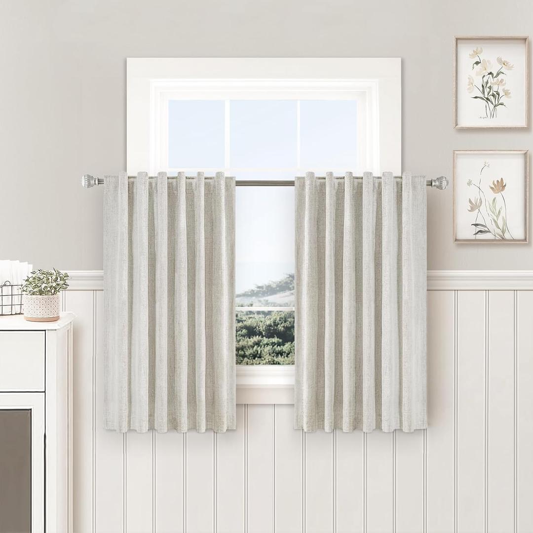 PANGSINNE Beige Linen 100% Blackout Curtains - 45 Inches Long 2 Panels Set for Kitchen Thermal Insulated Black Out Back Tab Drapes Room Darkening Cream Short Window Curtain