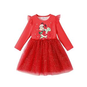 Disney Mickey and Friends Toddler Girl Dress Ruffle Tulle Long Sleeve Little Girls Tutu Dresses Sparkly Polka Dot Birthday Party Gift Mesh Fall Clothes Casual Outfit Christmas Costume Red 5-6 Years
