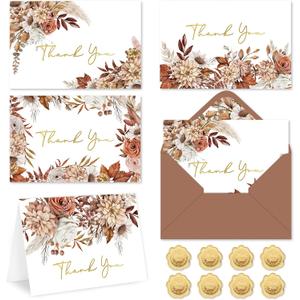 Whaline 24 Pack Boho Floral Thank You Cards Bulk Retro Fall Flower Leaves Blank Note Cards with Envelopes Stickers Thanksgiving Greeting Card for Wedding Bridal Baby Shower