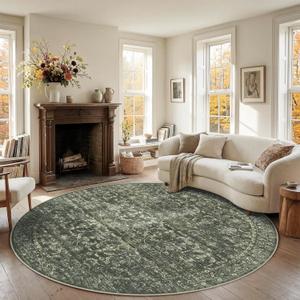 8ft Green Round Washable Area Rug for Living Room Vintage Boho Non Slip Circle 8x8 Large Rug Distressed Floral Carpet Indoor Retro Soft Low Pile Farmhouse Throw Rug for Bedroom Nursery Office