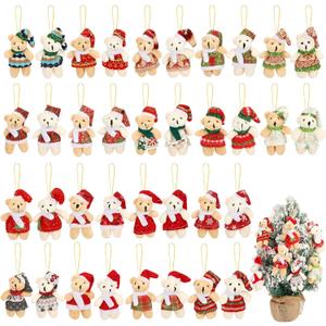 36 Sets 3 Inches Christmas Stuffed Animal Bulk Mini Plush Bear Small Bear Doll Key Chain with Tag Rope Organza Bag for Xmas Tree Decorations Stocking Stuffing Gifts(White, Light Brown)