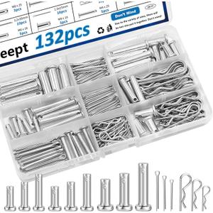 132Pcs Clevis Pins 304 Stainless Steel Cotter Pin Hair Pin Carbon Steel Single Hole Clevis Pin for Trailer Latch Cotter Pin Hair Pin Clevis Pin Assortment Kit