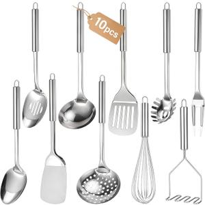 Stainless Steel Kitchen Utensils Set, 10 PCS Stainless Steel Utensils Set for Cooking, Heat Resistant Spatula Cooking Utensils Set with Turners, Serving Spoon, Ladle, Skimmer, Pasta Fork
