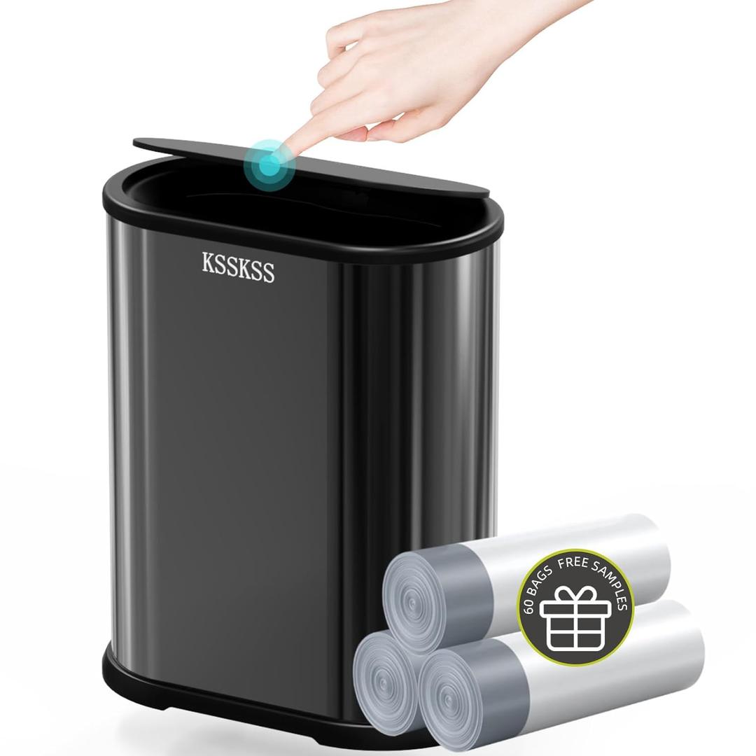 1.8 Gallons Small Stainless Steel Trash Can with Press Type Lid, Slim Bathroom Garbage Bin, Removable Liner Bucket, Narrow Wastebasket with Pop-Up Lid for Bedroom,Toilet (Titanium Black)