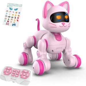 STEMTRON Programmable Remote Control Robot, Robotic Cat & Dog, RC Robot with Touch Sensing, LED Eyes, Dance & Music, Sticker