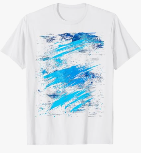 Abstract Blue and White Dynamic Splatter T-Shirt, White,S
