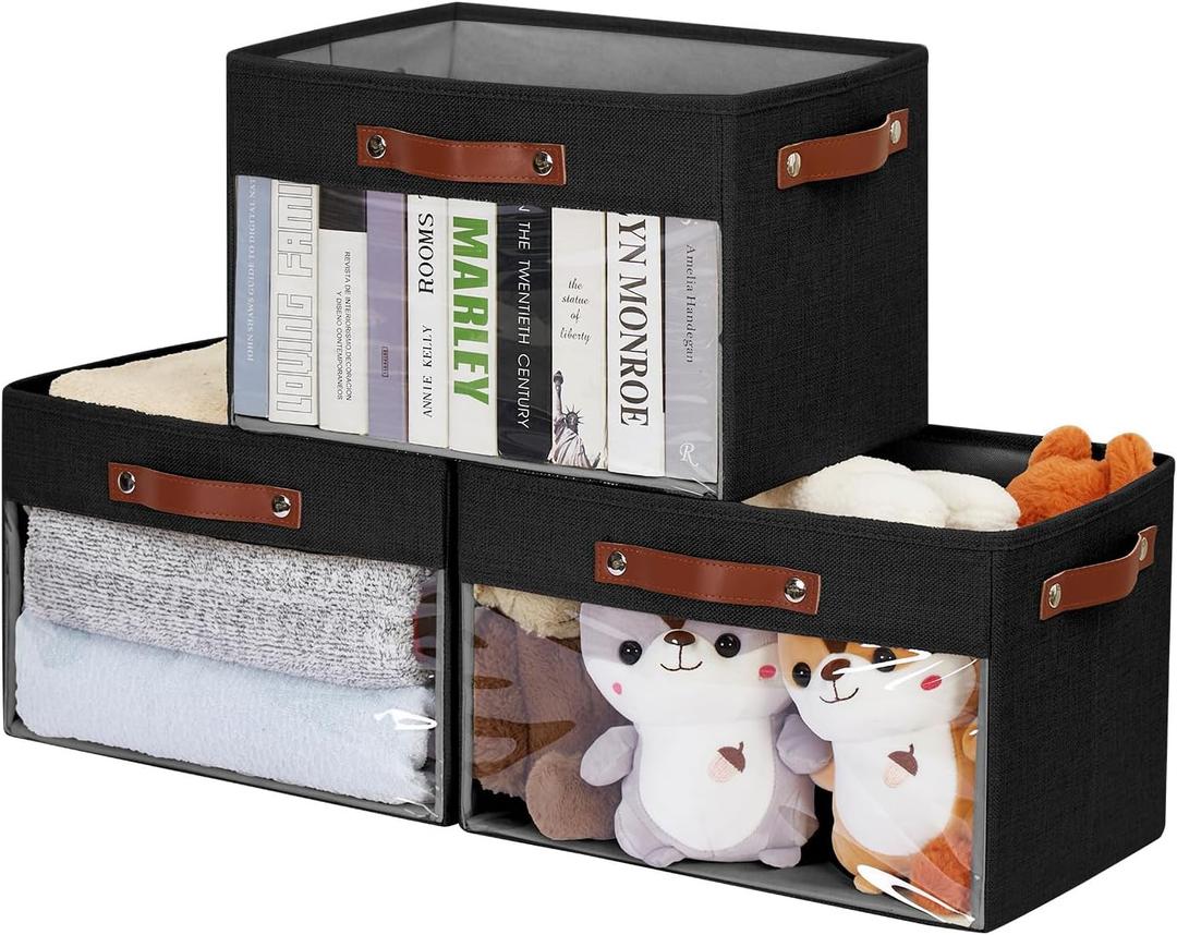 Large Storage Baskets with Clear Window, See Through Closet Organizer with PU Handles, Linen Foldable Storage Bins for Organizing Clothes, Toys, Books (Black) (Large-14.9"x9.8"x9.8")