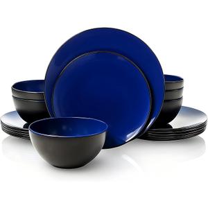 TP 18-Piece Dinnerware Set, Melamine Dishes Set with Bowls and Plates, Service for 6, Non-breakable Lightweight Dining Tableware, Blue and Black