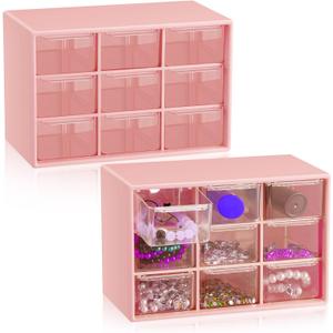 Wenqik 2 Pcs Mini Storage Drawers Teacher Toolbox Organizer with 9 Clear Drawers Small Plastic Desktop Teacher Desk Craft Organizer for Classroom Office 7" x 3. 9" x 4. 7"(Pink)