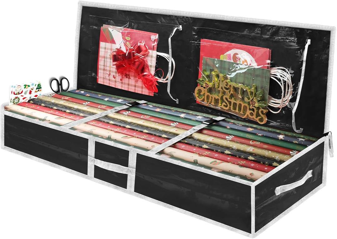 Christmas Gift Wrapping Paper Organizer Storage Bags,Plastic Container for Holiday Supplies & Accessories, Gift Bag Organizer, Under Bed Wrapping Paper Storage (Black)