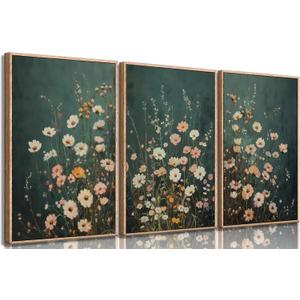 Wildflowers flower Wall Art Emerald Green Wall Decor Pictures Botanical Landscape Painting Wildflower Field Prints Modern Farmhouse Floral artwork for bedroom bathroom decoration 12x16in Poster