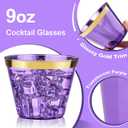 Bestluck 100 Pack 9 oz Purple Plastic Cups, Clear Disposable Cups with Gold Rim, Plastic Cocktail Glasses for Party & Graduation & Wedding