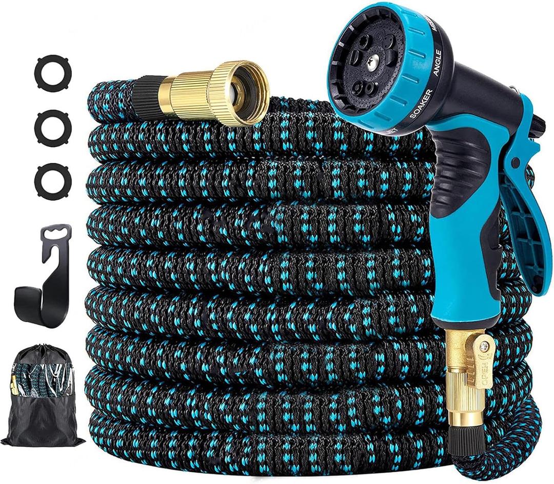 Expandable Water Hose, Hose with 10 Way Spray Nozzle, 3/4 Solid Fittings Brass, Expandable Garden Hose Outdoor, 20FT