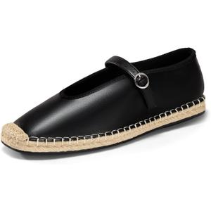 Coutgo Womens Espadrilles Mary Jane Flats Closed Sqaure Toe Mesh Ballet Flats Comfortable Dress Shoes (Black)