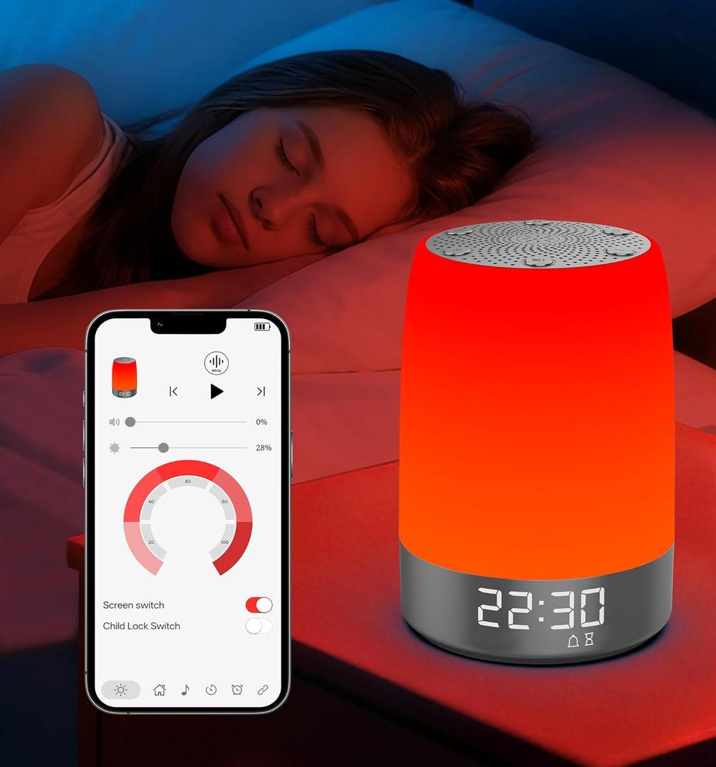 Anweller Smart Red Light Therapy Sleep Device White Noise Sound Machine with 5-Level Red Night Light (620690nm) 32 White Noise Smart App Control Timer & Wake-Up Alarm Clock