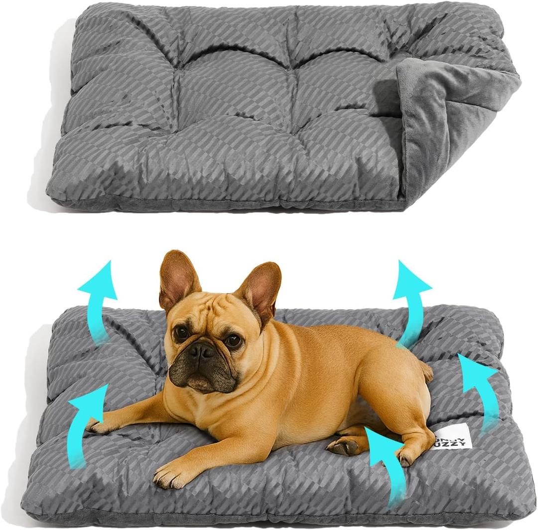 FUNNY FUZZY Washable Dog Crate Pad 30x20, Double-Sided Cooling Linen & Sherpa, Flat Crate Mat/Kennel Pad, Rectangle Dog Bed for Medium Dogs & Cats, Charcoal Grey