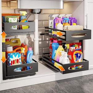 Under Sink Organizer, 2 Tier Under Sink Organizers and Storage, Adjustable Height, Slide out Metal Cabinet Organizers, Pull out Cabinet Storage Drawer Shelf for Kitchen Bathroom (Black, 2)