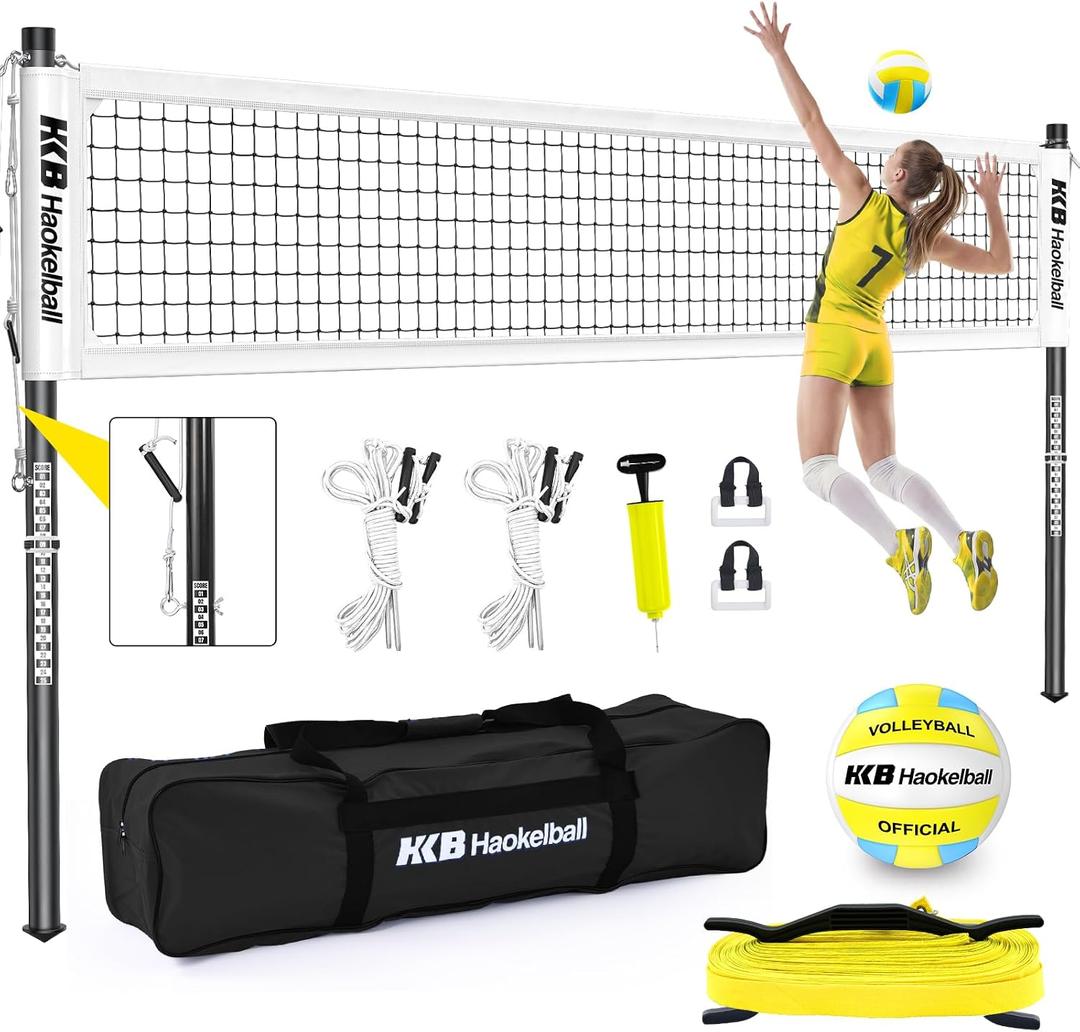 Haokelball Outdoor Volleyball Net Set for Backyard, 32FT Regulation, 3-Level Adjustable Height & Anti-Sag Tension System, Heavy Duty Thick Poles, Includes Volleyball, Pump, Boundary Line and Carry Bag