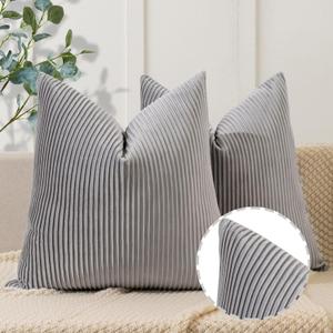 YCOLL Dark Gray Pillow Covers 22x22 Set of 2 Velvet Striped Pattern - Soft Throw Pillows for Home Decor, Luxury Decorative Pillow Covers for Couch, Bed,Living Room