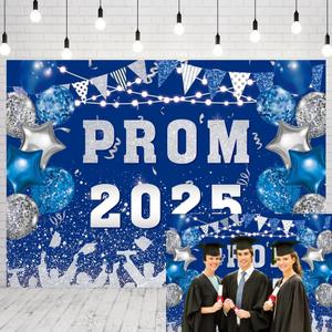 INRUI Prom 2025 Photography Background Blue and Silvery 2025 Prom Night Banner Glitter Balloons Flags Graduation Party Decorations Backdrop (8x6FT)