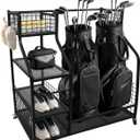 hanmir Sports Equipment Organizer, Golf Ball Storage Rack & Golf Bag Holder for Garage, with Storage Basket and Hooks, Indoor Outdoor Toy Ball Organizer for Golf Clubs, Basketball, Toys
